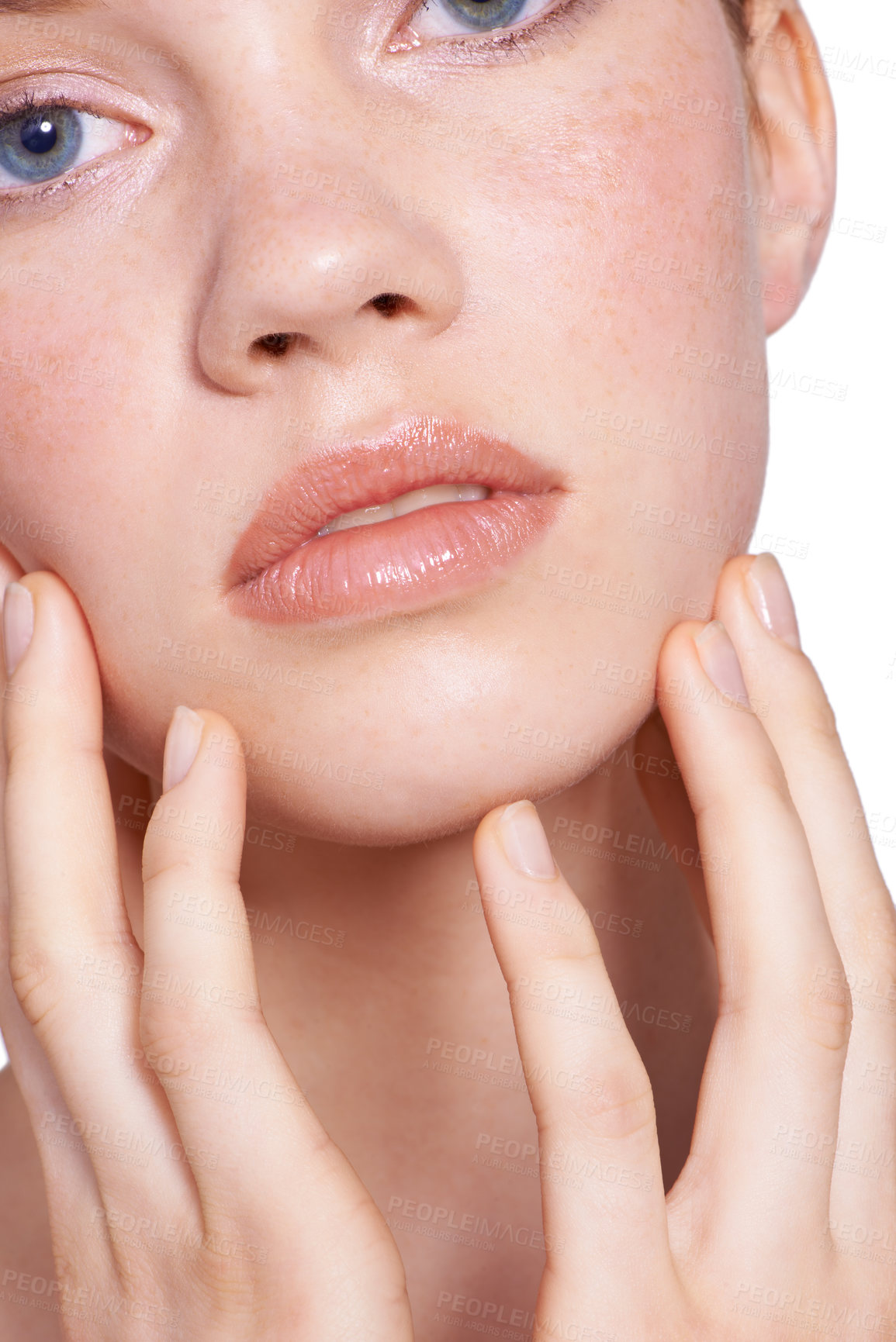 Buy stock photo Closeup, skincare and woman in studio with face, hands and white background with natural for beauty, glow and healthy skin. Confident, self care and treatment for smooth, pure and perfect texture  