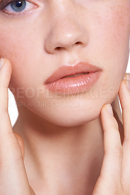 Buy stock photo Woman, closeup and skincare with hands in white background, studio and cosmetic for healthy and confidence and smooth skin. Face, cleansing and hygiene with treatment for natural beauty and selfcare