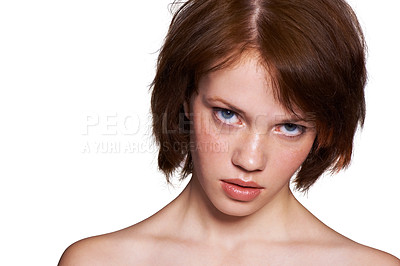 Buy stock photo Closeup portrait of a young model isolated on white