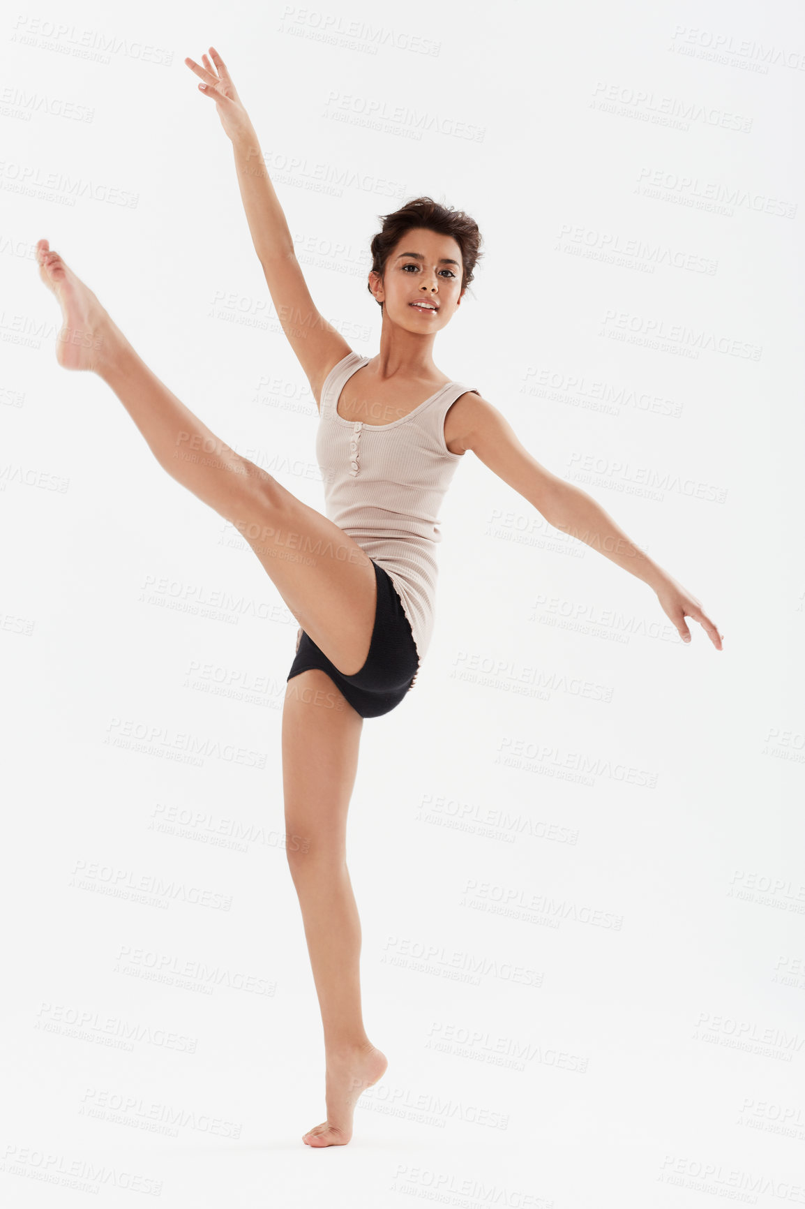 Buy stock photo Dance, ballet and portrait of girl in studio for performance, fitness and training for theatre. Ballerina, young dancer and isolated person for balance, routine and practice on white background