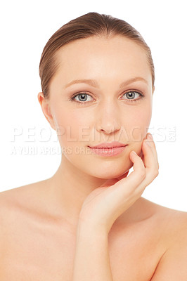 Buy stock photo Skincare, natural and portrait of woman on a white background for wellness, cosmetics and facial. Dermatology, salon and isolated face of person with beauty, healthy skin and aesthetic in studio