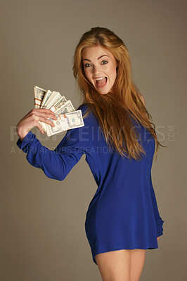 Buy stock photo Smile, money and winner with portrait of woman for luxury, investment and celebration. Success, finance and lottery prize with female model and cash on background for wealth, dollar and profit