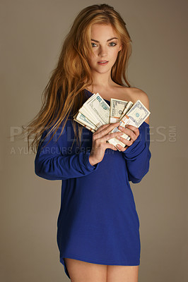 Buy stock photo Finance, money and winner with portrait of woman for luxury, investment and celebration. Success, casino and lottery prize with female model and cash on background for wealth, dollar and profit