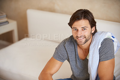 Buy stock photo Portrait, man or smile to relax in fashion, apparel or casual outfit on sofa in lounge in Turkey. Male designer, happy or couch as look, rest or satisfaction of stylish comfortable weekend break