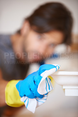 Buy stock photo Cloth, glove and cleaning for hygiene with cleaner person, disinfection and sanitize for housekeeping. Dust, dirt or germs with bacteria, closeup of fabric for maintenance and janitor wipe surface