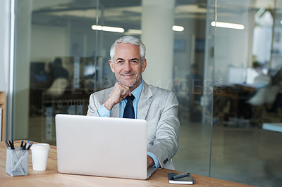 Buy stock photo CEO, businessman and laptop for portrait, tax and finance status of the company. Man, consult and plan for budget, payroll and human resources at desk in office for meeting, smile and organization