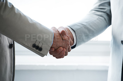 Buy stock photo Businessman, hand and deal with professional, work and manager in office and success of contract agreement. Colleague, client and negotiation for legal, attorney and lawyer case for collaboration 