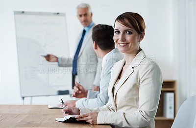Buy stock photo Woman, portrait and notes for work presentation with graphs or business growth, kpi or mentorship. Female person, face and colleagues with white board or results analysis or training, coach or chart