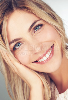 Buy stock photo Closeup, makeup and portrait of woman with smile for cosmetic, beauty and healthy skin for wellness. Happy, face and female person with hand for relaxing with skincare, dermatology or self care