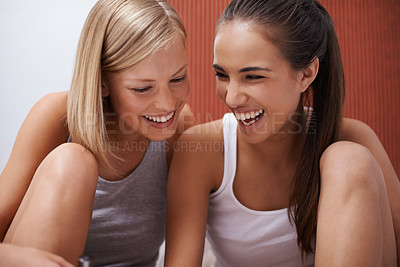 Buy stock photo Women, friends and look away with closeup in pajamas for sleepover, girls night and talk together in house. Beautiful, friendship and happiness with comedy for laughing, fun and indoors house