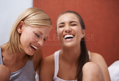 Buy stock photo Women, friend and laughing for beauty, together and sleepover night out and bonding. Female, gossip and smile about date, catch up and happiness together for college roommate and talk at home