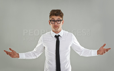 Buy stock photo Businessman, portrait and doubt for choice or decision in studio, what and puzzled for question. Male person, professional and confused or dont know gesture, why and unsure emoji on gray background