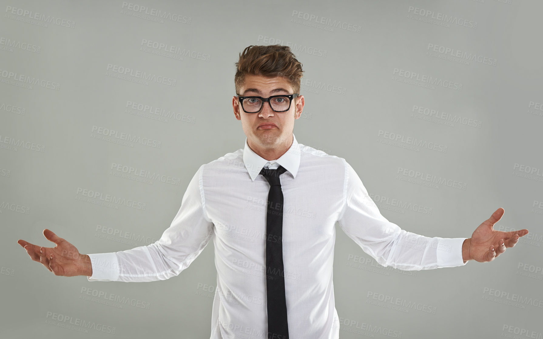 Buy stock photo Businessman, portrait and doubt for choice or decision in studio, what and puzzled for question. Male person, professional and confused or dont know gesture, why and unsure emoji on gray background