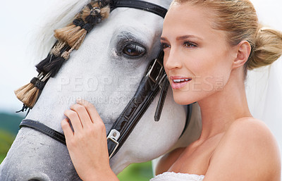 Buy stock photo Bride, countryside and horse with face, portrait and smile for nature, connection and celebration. Woman, animal and uk field for wedding, love and happiness with summer, meadow and horse riding
