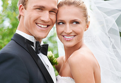 Buy stock photo Couple, happy and pride for wedding celebration in outdoors, together and smiling in nature. People, love and commitment to relationship with marriage, formal fashion and romance at outside ceremony