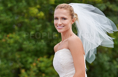 Buy stock photo Bride, woman and portrait or happy in nature for celebration, marriage and confidence outdoor in countryside. Wedding, person and face with smile, dress and mock up space for ceremony and commitment
