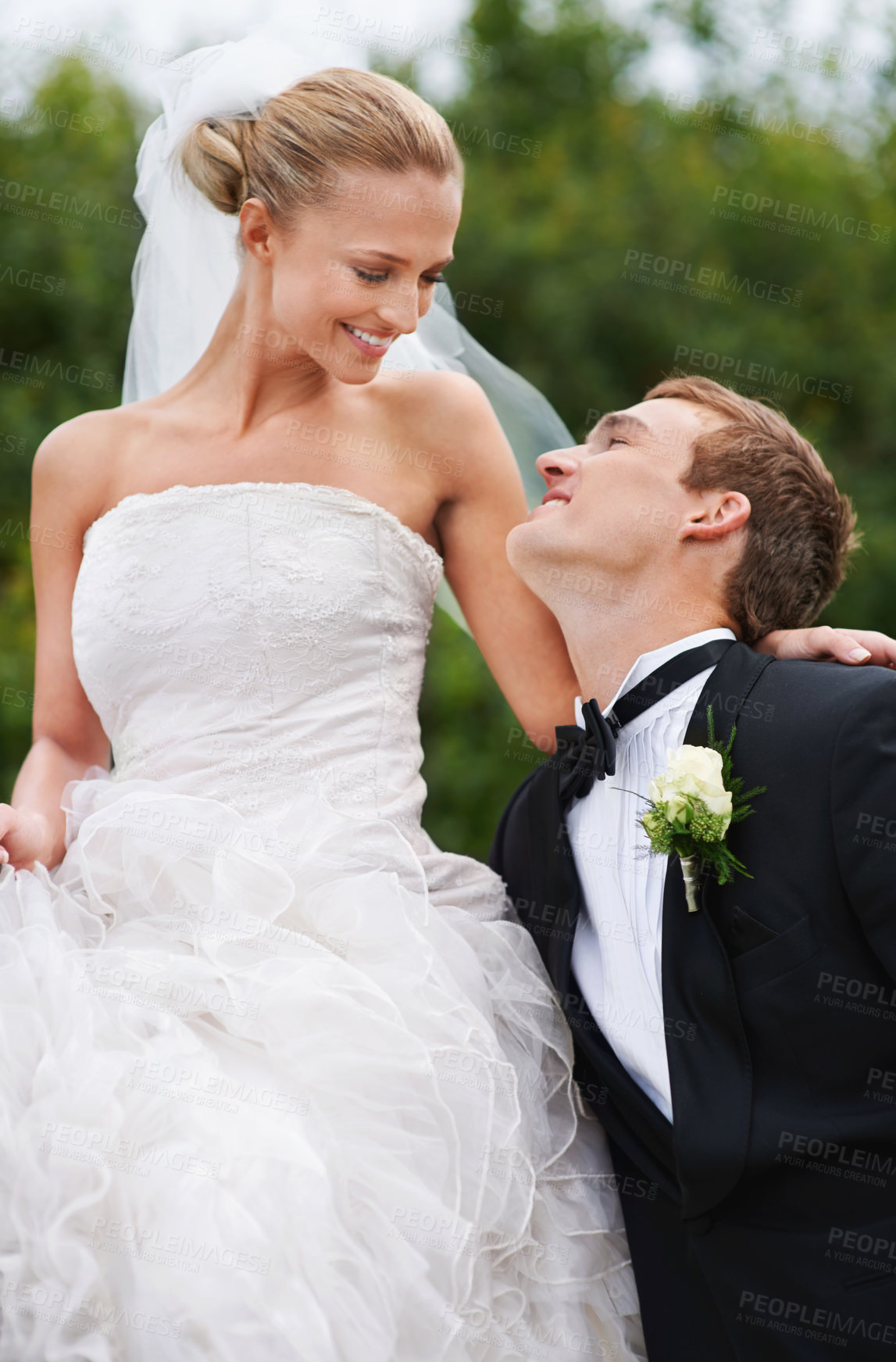 Buy stock photo A newlywed couple and a horse