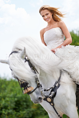 Buy stock photo Wedding, woman and portrait with horse outdoor in nature for celebration, marriage or confidence in countryside. Bride, person and stallion in field with smile, dress and animal at ceremony in nature