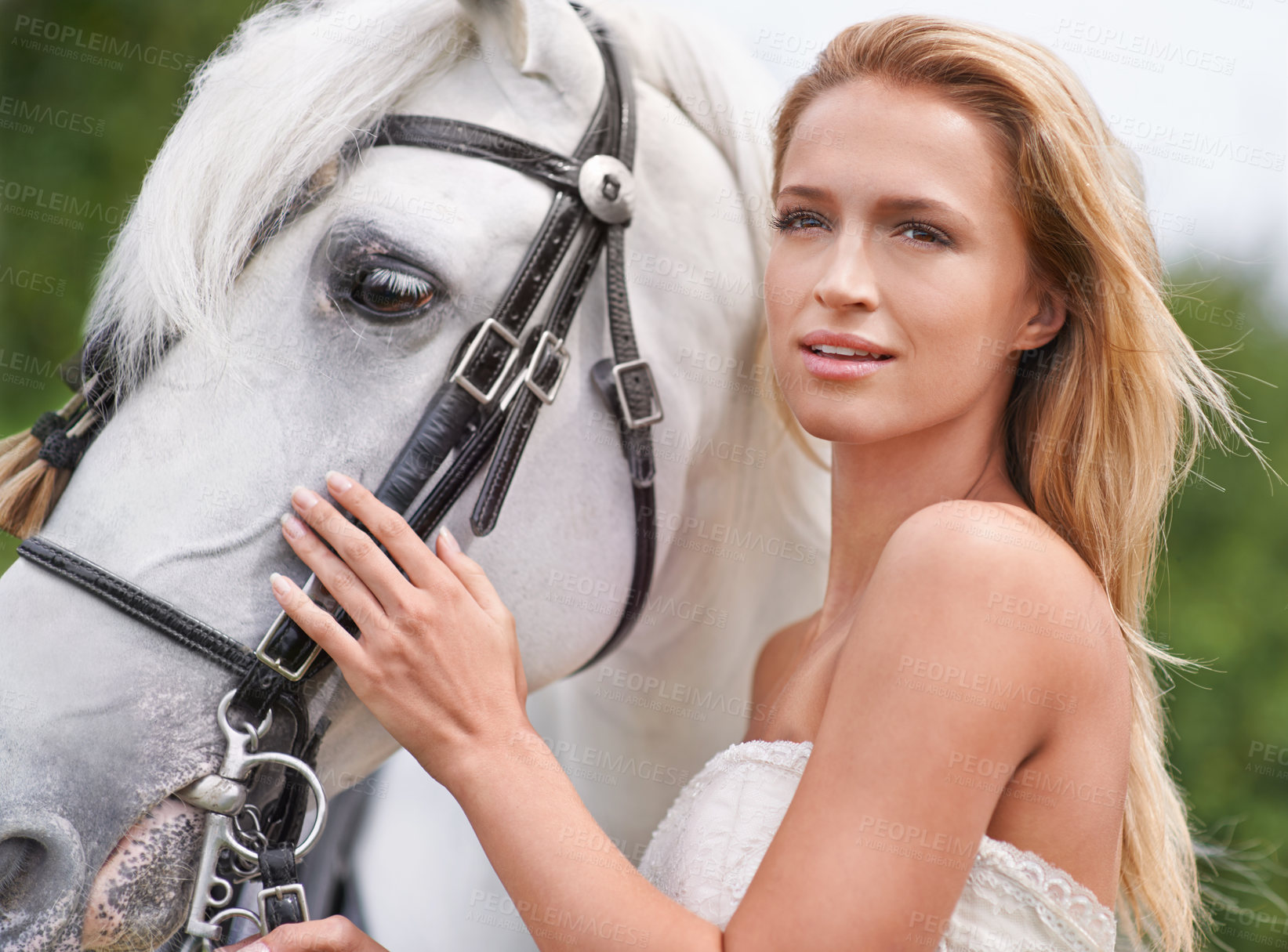 Buy stock photo Bride, summer and horse with face, outdoors and smile for nature, connection and celebration. Woman, animal and uk countryside for wedding, love and elegance with field, meadow and equestrian