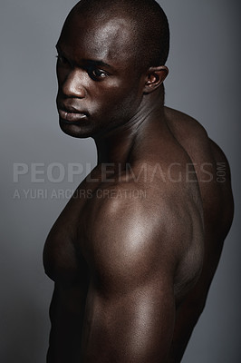 Buy stock photo Art, aesthetic and beauty, black man on dark background with muscle and fitness, strong and serious body builder. Health, wellness and African bodybuilder or male model isolated on studio backdrop.