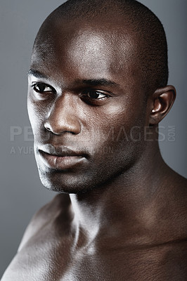 Buy stock photo Aesthetic, beauty and face black man on dark background with muscle, motivation for fit and serious person. Health, art and face of strong African male model isolated on studio backdrop with wellness