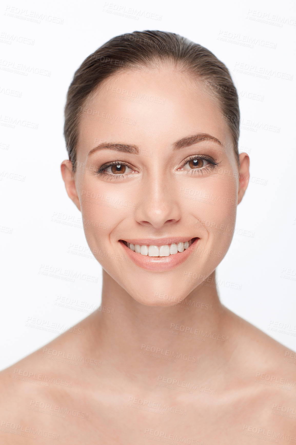 Buy stock photo Woman, smile and studio portrait beauty or cosmetic skincare for natural shine, glow or luxury. Female person, nude and health facial or white background clean results, happy or wellness dermatology