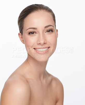 Buy stock photo Portrait, smile and woman with beauty, dermatology and self care isolated against a white studio background. Face, female person and model with happiness, grooming and wellness with salon treatment