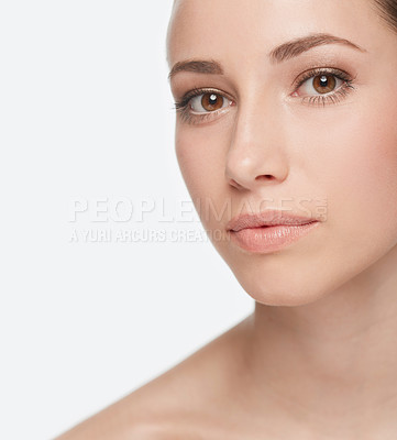 Buy stock photo Portrait, beauty and natural woman in studio isolated on white background for wellness or cosmetics. Face, skincare or dermatology with confident young model closeup for facial or collagen treatment