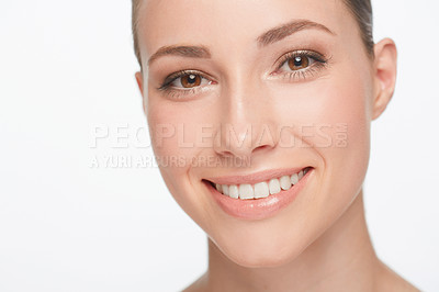 Buy stock photo Smile, dental care and portrait of a woman with treatment isolated on white background in studio for beauty. Happy, face closeup and model showing teeth for oral hygiene and healthy, natural skin