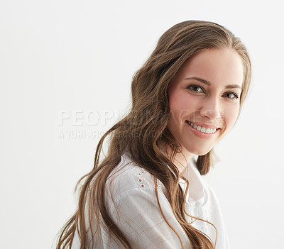 Buy stock photo Woman, smile and fashion in studio portrait with confidence, trendy style and pride by white background. Isolated girl, person or model with clothes, face and happy with shirt in Argentina