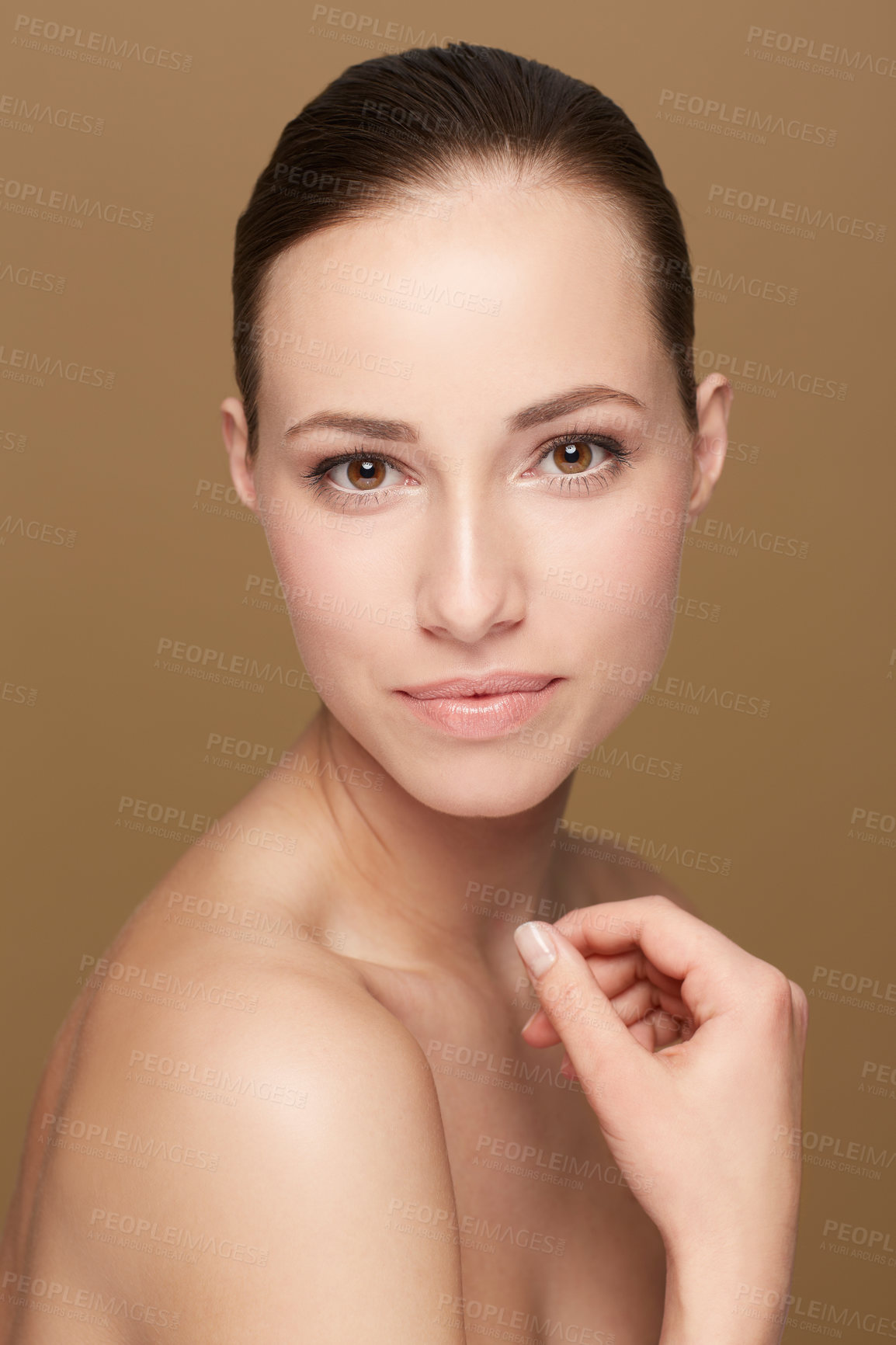Buy stock photo Skincare, beauty or portrait of natural model in studio isolated on brown background for pride or wellness. Smooth face, body cosmetics or confident woman or healthy female person with shine or glow