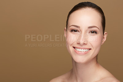 Buy stock photo Portrait, mockup and woman with beauty, skincare and confident against a brown studio background. Face, female person and model with a smile, cosmetics and salon treatment with luxury and grooming