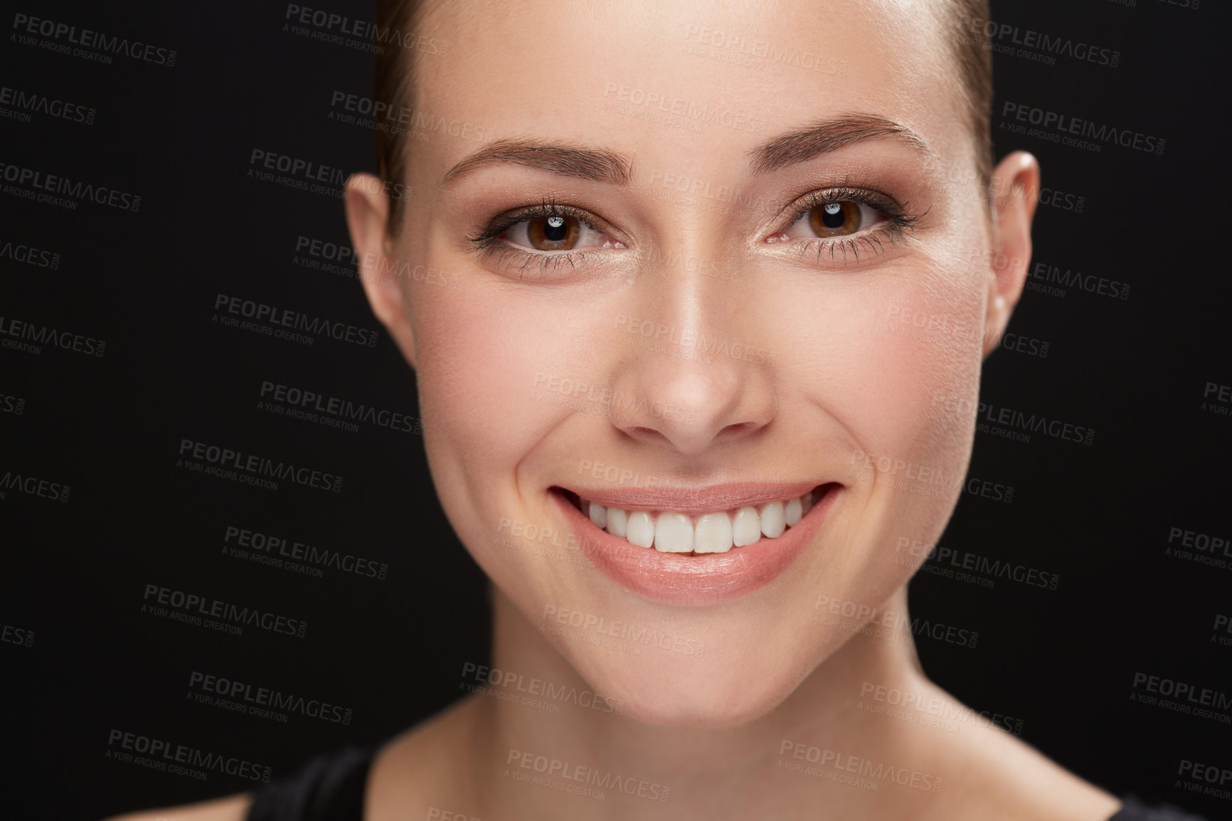 Buy stock photo Model, happiness and portrait in studio with cosmetics, closeup and beauty results of cosmetology in mockup. Woman, face and skincare with retinol for glow, facial and make up on black background