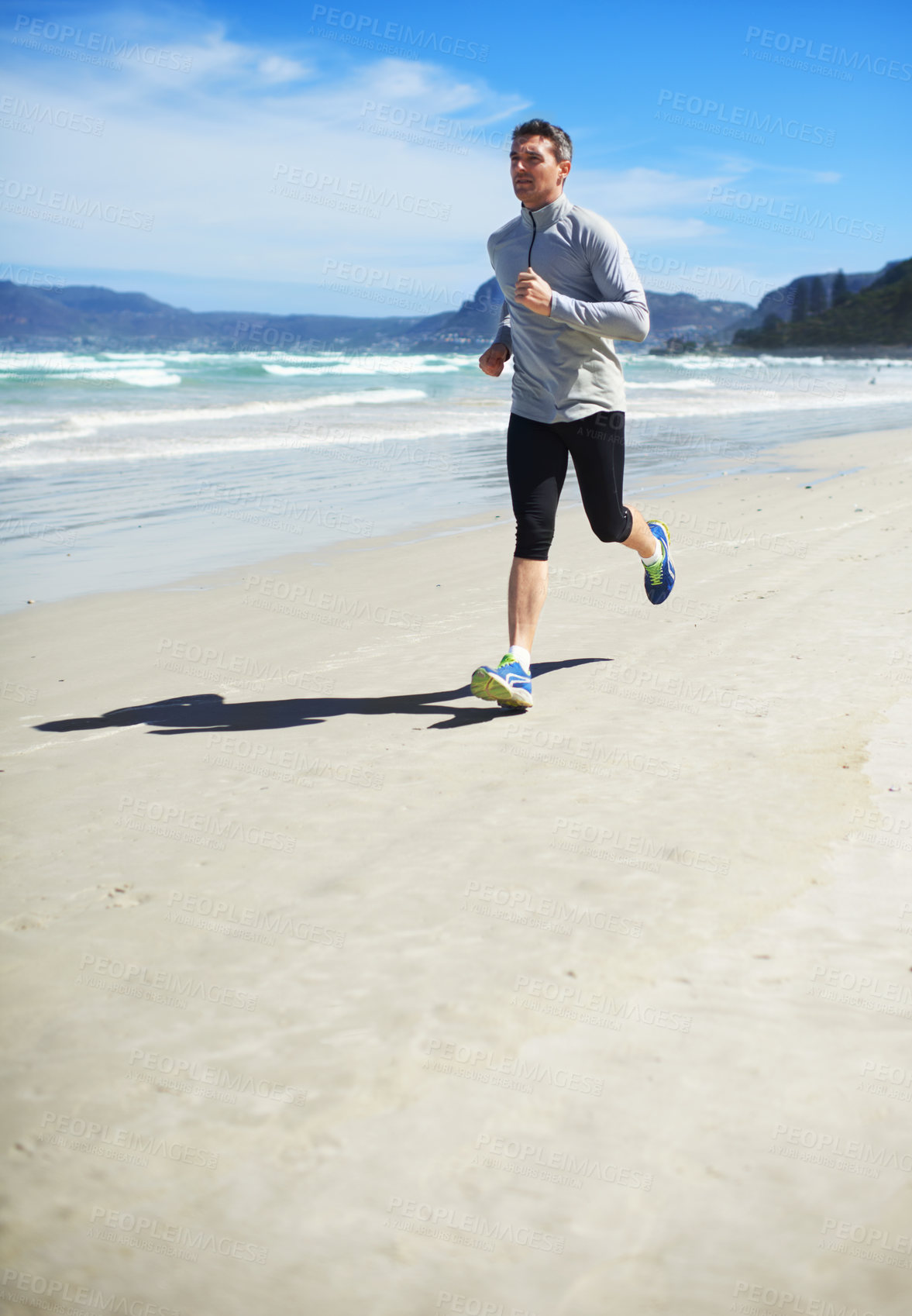 Buy stock photo Fitness, mature or man on beach running for exercise, training or outdoor workout at sea. Sports person, fast runner or healthy athlete in nature for cardio endurance, wellness or challenge on sand