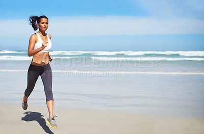 Buy stock photo Fitness, space or Indian woman at beach running for exercise, training or outdoor workout at sea. Sports person, runner or healthy female athlete on sand for cardio endurance, wellness or mockup 