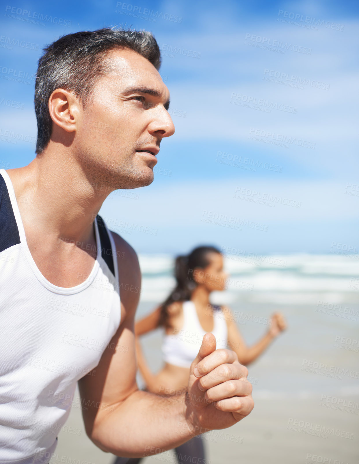 Buy stock photo Mature, man or people on beach running for exercise, training or outdoor workout at sea. Sports couple, runners or healthy athletes in nature for fitness endurance, wellness or challenge on sand