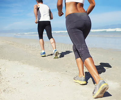 Buy stock photo Running, beach and man with woman, fitness and cardio with workout and training for wellness. Healthy, runner and athlete with practice and vacation with water and waves with sunshine or getaway trip