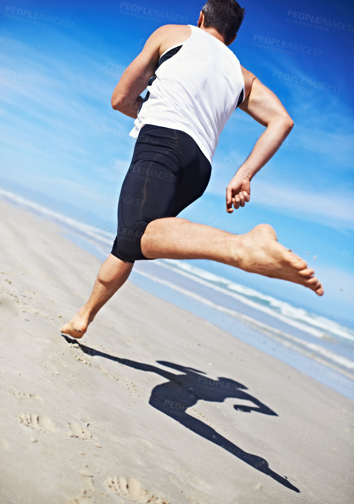 Buy stock photo Man, running and water at beach with fitness, sport and training for marathon by the sea. Workout, exercise and back of athlete with health and wellness outdoor of runner with cardio in summer