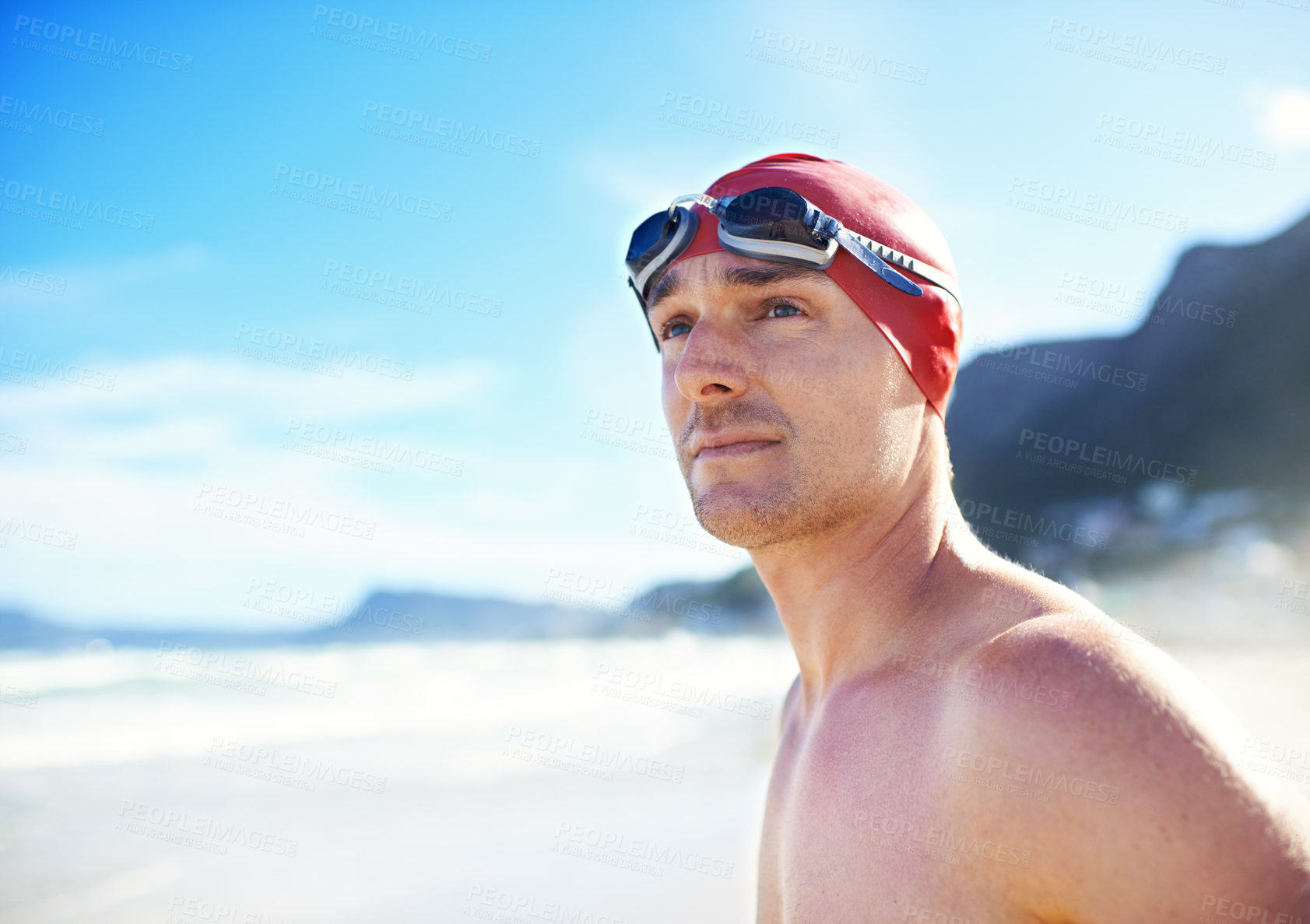 Buy stock photo Beach, goggles and man with cap, travel and swimmer with vacation and summer break with getaway trip. Person, athlete and guy with holiday or seaside with sunshine and fitness with wellness or energy