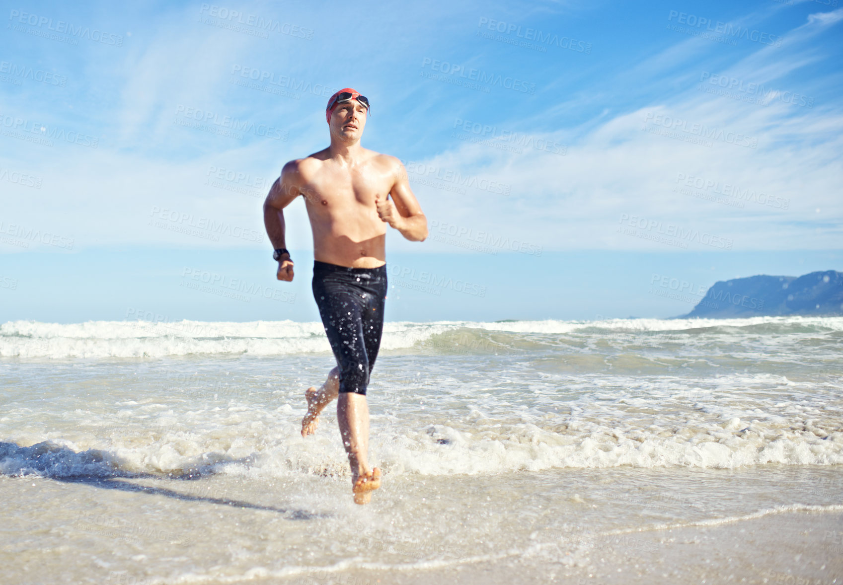 Buy stock photo Beach, travel and running with fitness, man and activity with wellness and healthy with exercise. Person, guy and runner with training and sunshine with vacation and ocean for workout and seaside