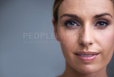 Buy stock photo Happy woman, portrait and skincare in natural beauty, cosmetics or facial treatment on gray studio background. Face of female person or model with smile for makeup in satisfaction on mockup space