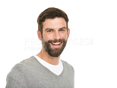 Buy stock photo Portrait, smile and fashion with man, happiness and confident guy isolated on a white studio background. Face, person and model with joy and mockup space with geek and funny with humor and laughing