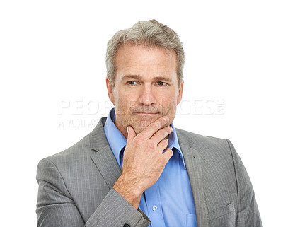 Buy stock photo Business, studio and mature man thinking, planning or solution for financial decision, investment or choice. Corporate CEO or boss in suit with ideas, problem solving or doubt on a white background