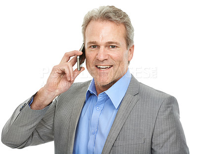 Buy stock photo Corporate, man and phone call in studio for communication, networking and happy chat or opportunity. Portrait of mature person, lawyer or business CEO listen and chat on mobile and a white background
