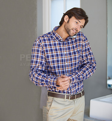Buy stock photo Phone, planning and man with call in the morning ready to start the day with dressing routine. Communication, mobile and businessman at home with networking conversation, job and tech in a bathroom 