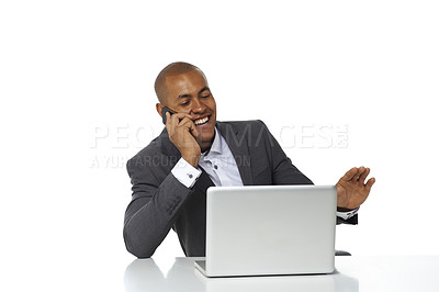 Buy stock photo Phone call, business and man with a laptop, deal and employee isolated against a white studio background. Male person, consultant and entrepreneur with a pc, smartphone and communication with network