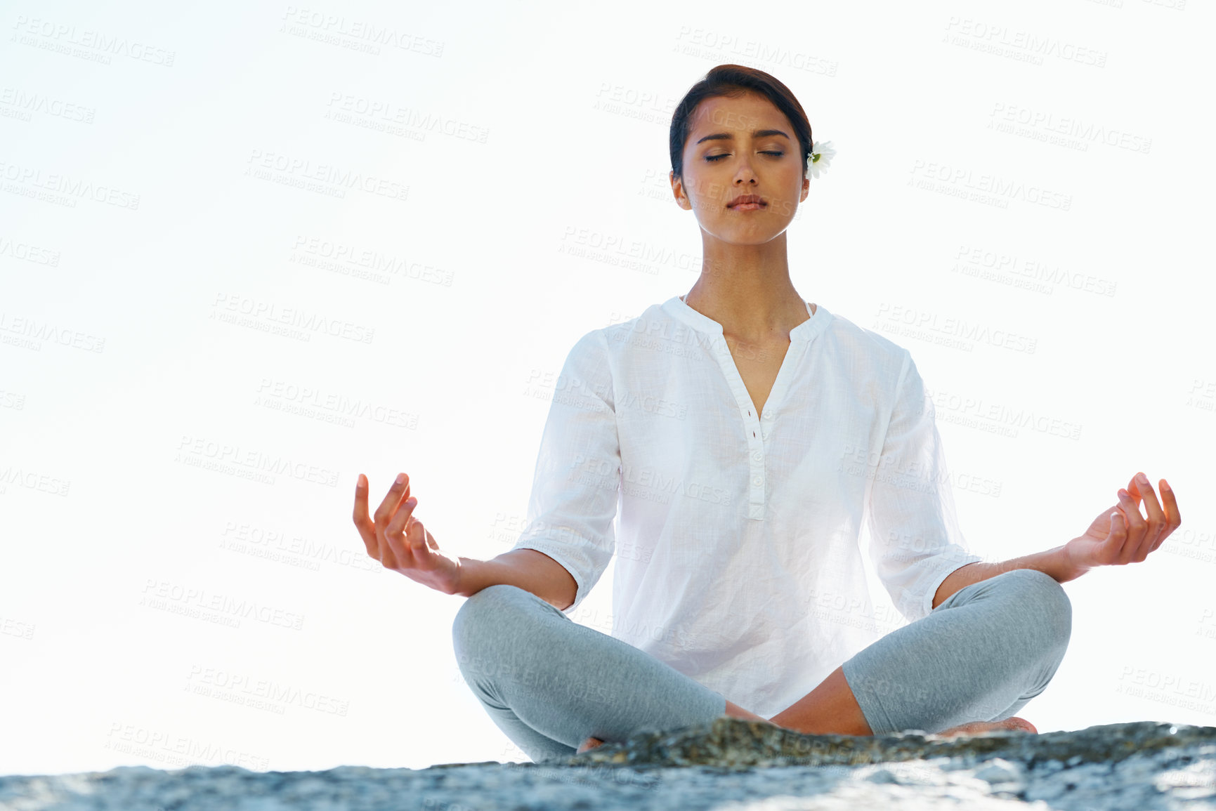 Buy stock photo Woman, meditation and yoga in zen for spiritual wellness, awareness or outdoor beach with sky background. Calm female person or yogi meditating for inner peace, breathing or health on mockup space