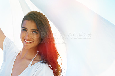 Buy stock photo Woman, beach and smile with fabric in wind for portrait with freedom, adventure and relax in nature by sea. Girl, person and happy with cloth on holiday, vacation and outdoor in sunshine in Indonesia
