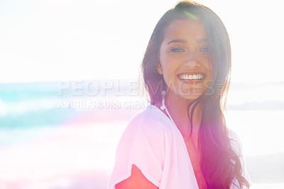 Buy stock photo Indian woman, beach and smile for ocean, waves and breeze for summertime in Bali for vacation. Female, sea and holiday relaxation abroad in swimsuit, sand and lens flair portrait and memories