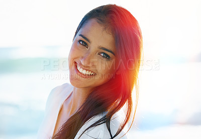 Buy stock photo Indian female person, beach and smile for ocean, waves and breeze for summertime in Bali for vacation. Woman, sea and holiday relaxation abroad with lens flare, sand and happy for memories and trip